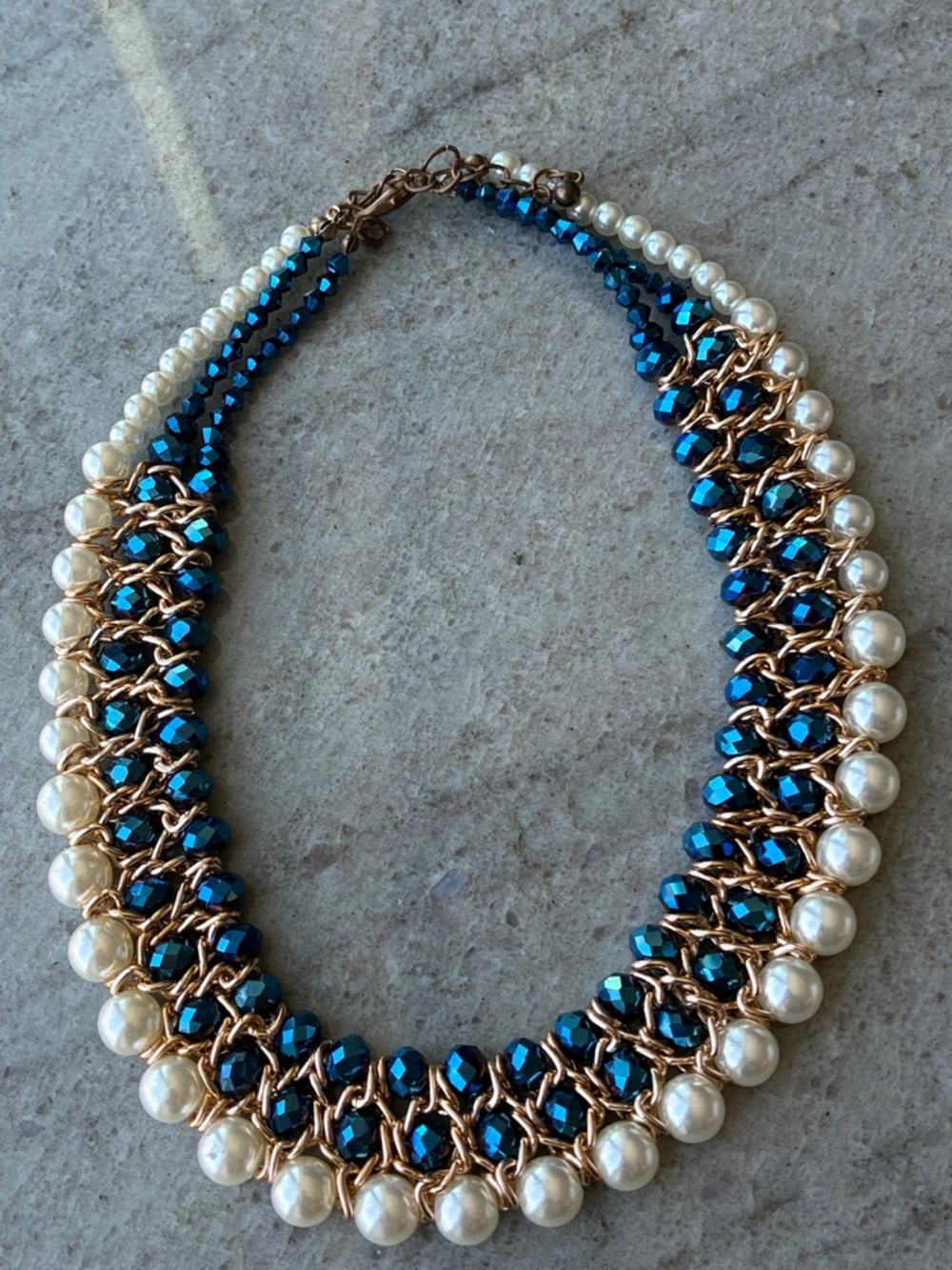 Woven Pearl & Metallic Blue Statement Necklace - Unbranded